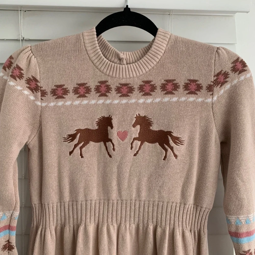 Gymboree Girls Tan Cotton Knit Horse Fair Isle Sweater Dress Size 12